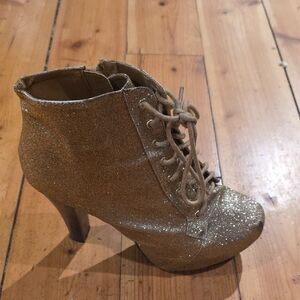 Qupid Shimmering Gold Lace-Up Heeled Boots